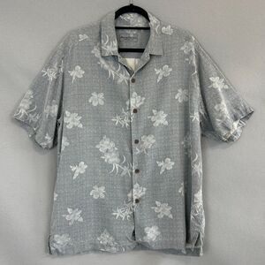 Tommy Bahama 100% Silk Camp Shirt Large Gray Floral Hawaiian Aloha Resort Beach